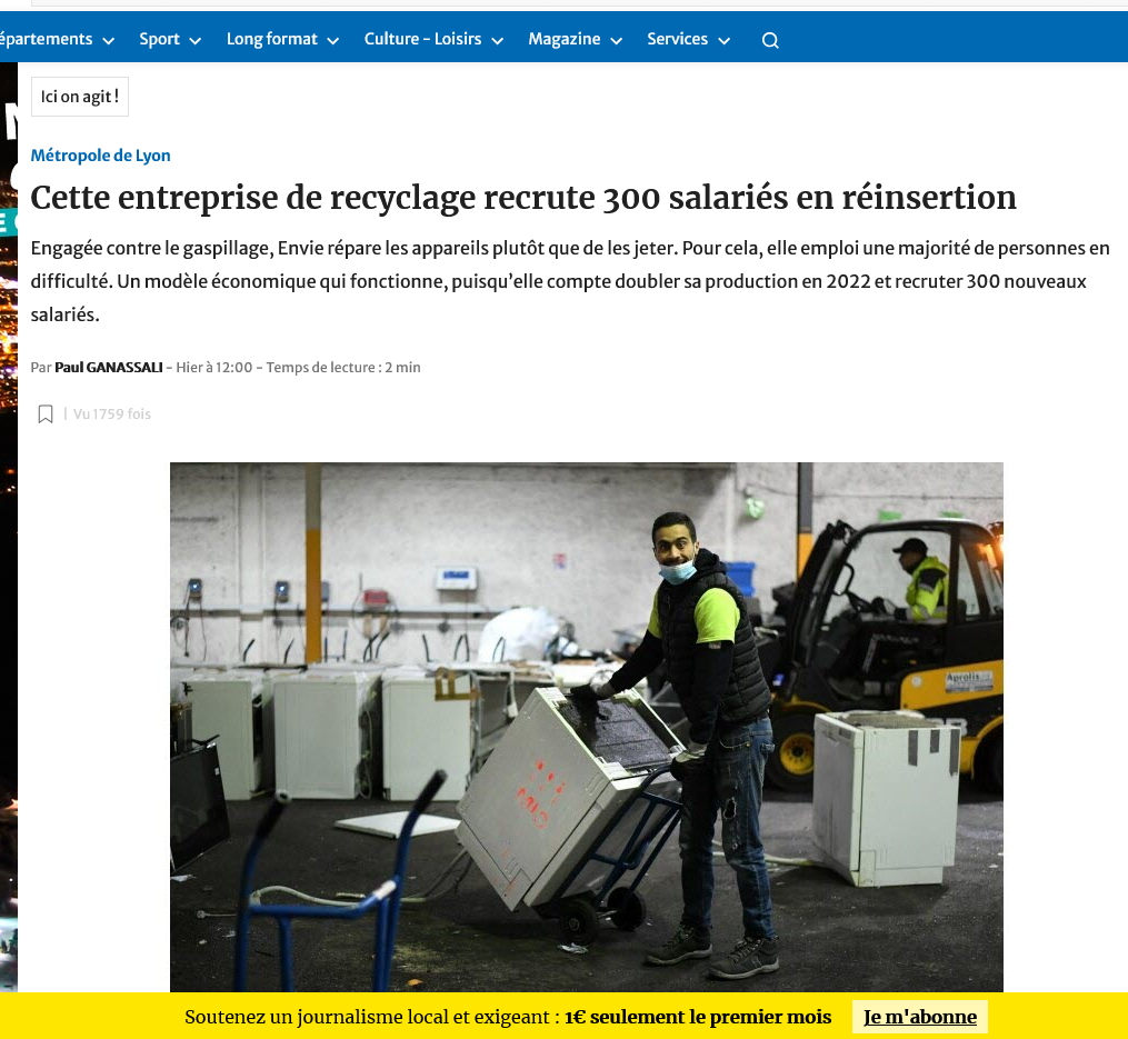 ENVIE recrute Lyon recyclage